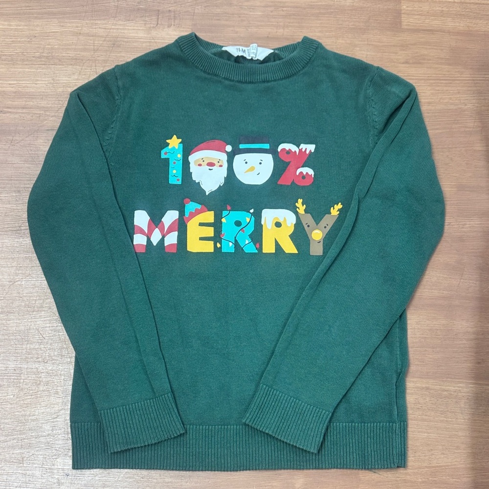 H&M Green Ribbed Knit Christmas Sweater; 100% Merry